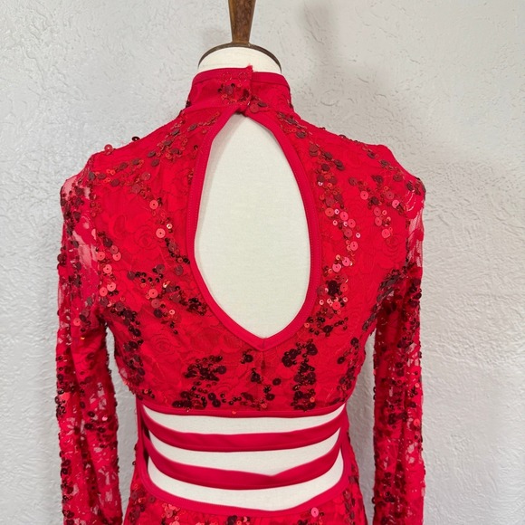 Balera Dance Costume Streak Lace Dress Adult L Red Sequin Sheer D10125 Weissman - Picture 7 of 14